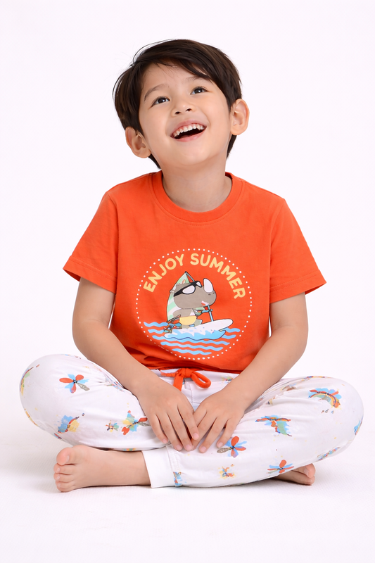 Boys “Enjoy Summer” Print Cotton Pajama Set – T-Shirt & Pajama Pants Nightwear