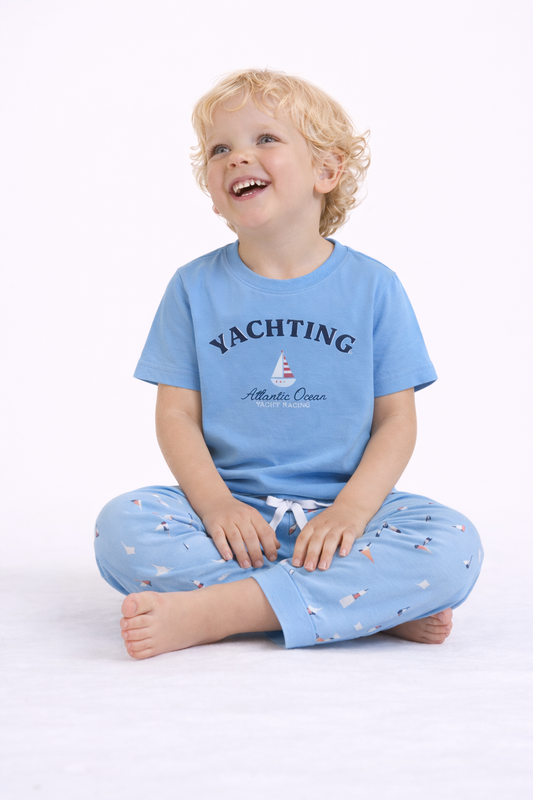 Boys Yachting Graphic Cotton Pajama Set “ T-Shirt & Pajama Pants Nightwear