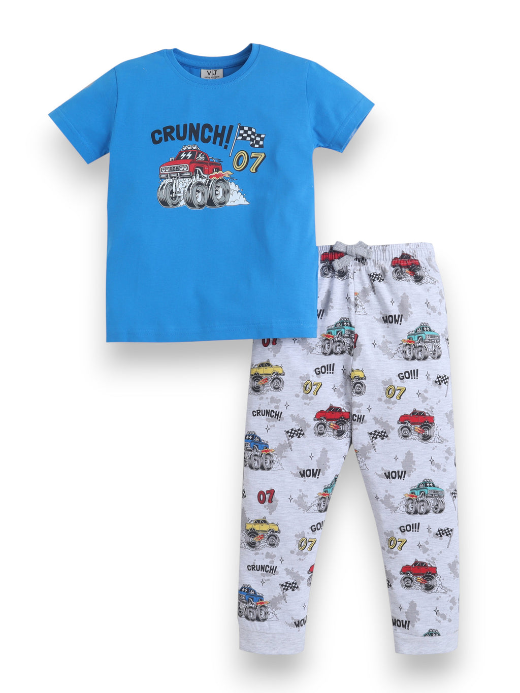 Boys Monster Truck Print Cotton Pajama Set “ T-Shirt & Full Pants Nightwear