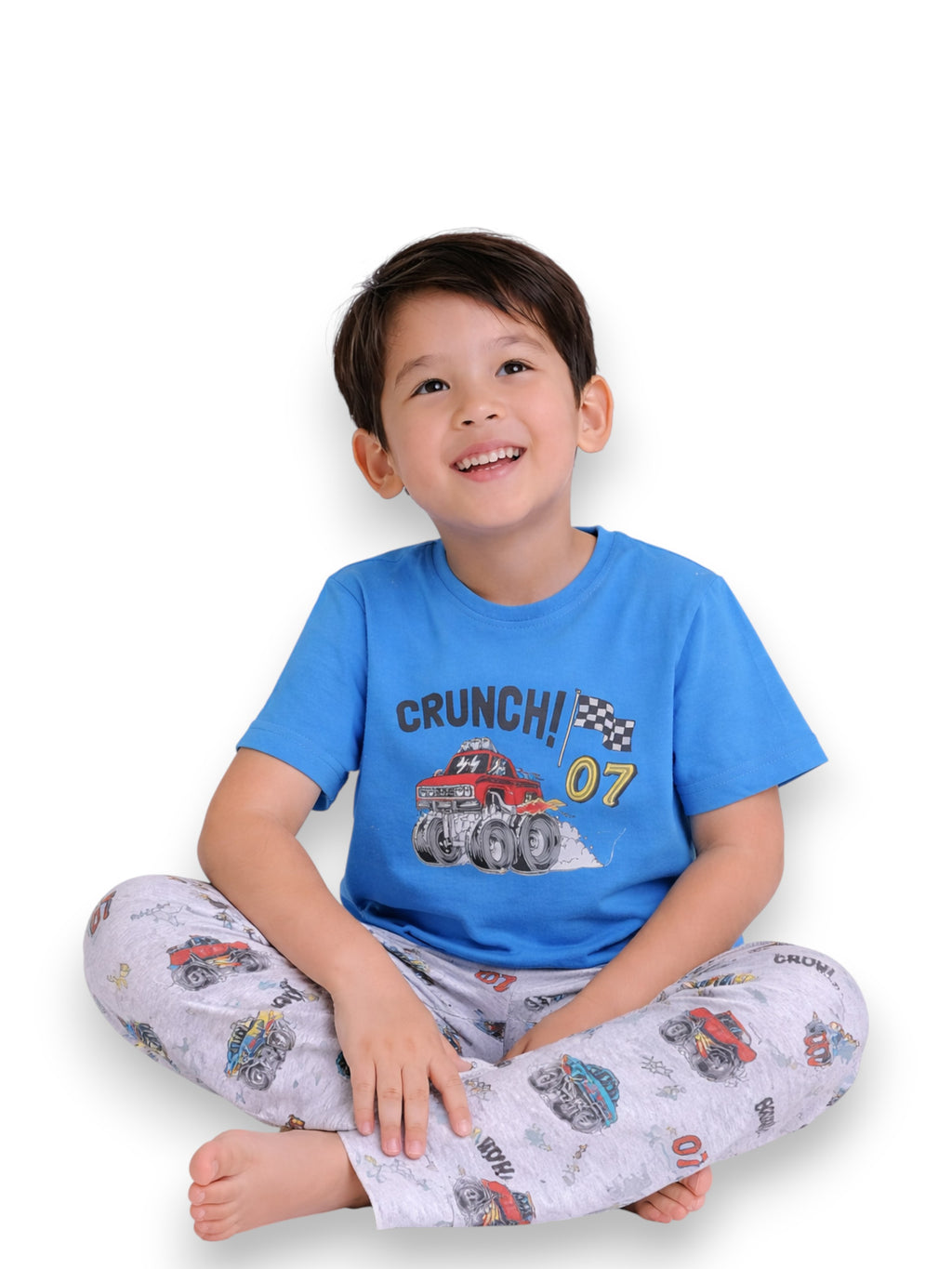 Boys Monster Truck Print Cotton Pajama Set “ T-Shirt & Full Pants Nightwear