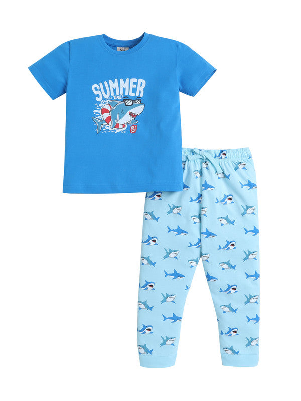 Boys Œsummer” Shark Print Cotton Pajama Set “ T-Shirt & Pajama Pants Nightwear