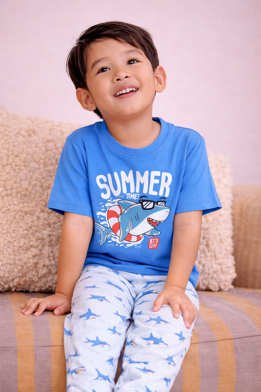 Boys “Summer” Shark Print Cotton Pajama Set – T-Shirt & Pajama Pants Nightwear