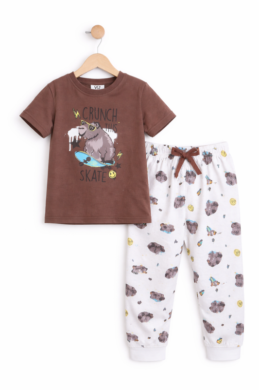 Boys Bear Skate Graphic Cotton Pajama Set “ T-Shirt & Pajama Pants Nightwear