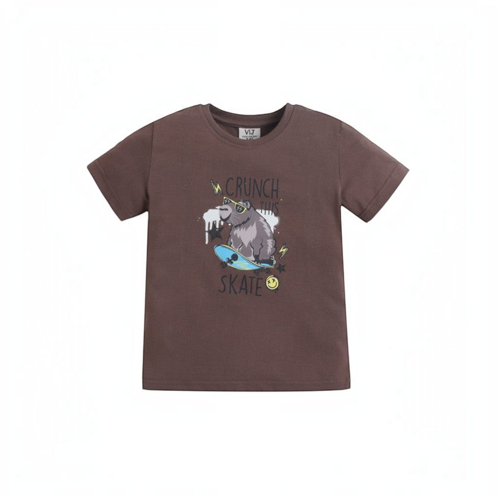 victor and jane boys brown cotton t-shirt featuring a graphic print of a capybara on a skateboard