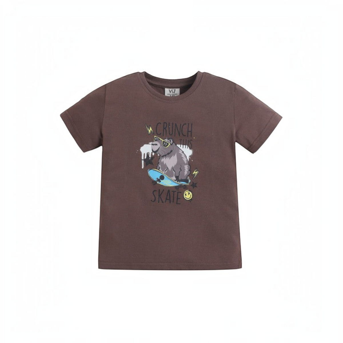 victor and jane boys brown cotton t-shirt featuring a graphic print of a capybara on a skateboard