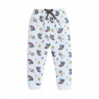 victor and jane boys white joggers featuring a playful hippo on skateboard print with smiley faces and lightning bolts