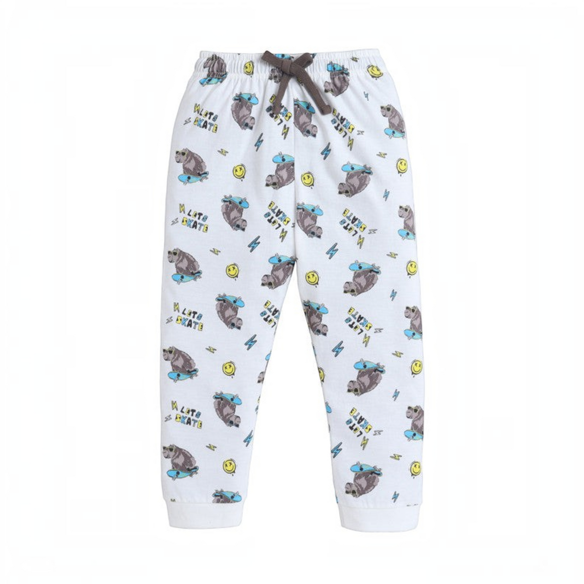 victor and jane boys white joggers featuring a playful hippo on skateboard print with smiley faces and lightning bolts