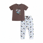 victor and jane boys graphic t-shirt and pants set featuring a brown bear on a skateboard print