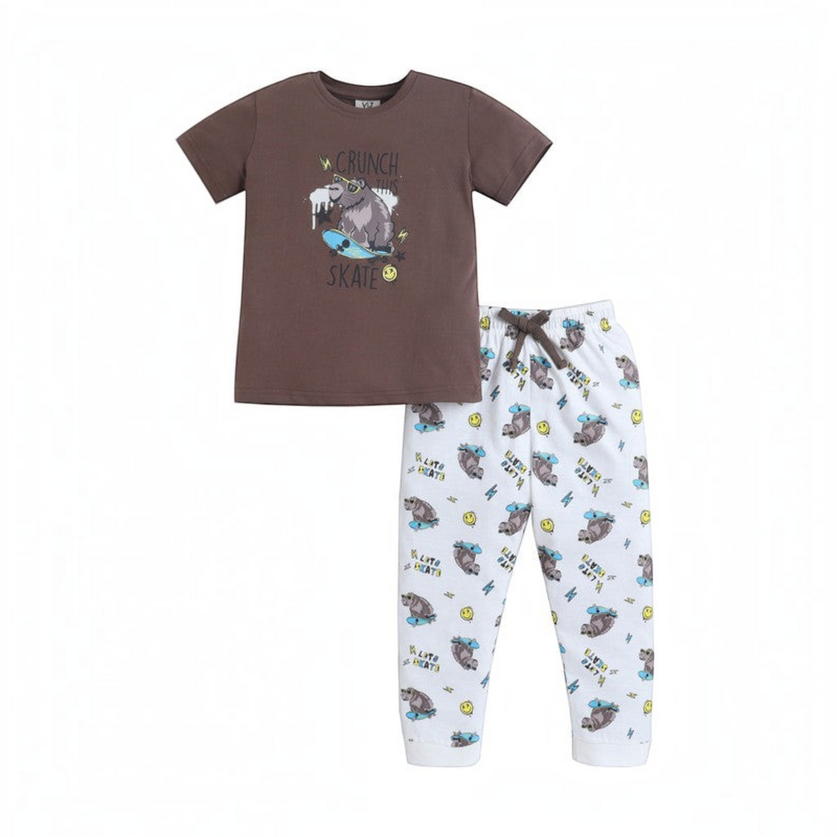 victor and jane boys graphic t-shirt and pants set featuring a brown bear on a skateboard print