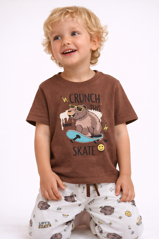 Boys Bear Skate Graphic Cotton Pajama Set – T-Shirt & Pajama Pants Nightwear