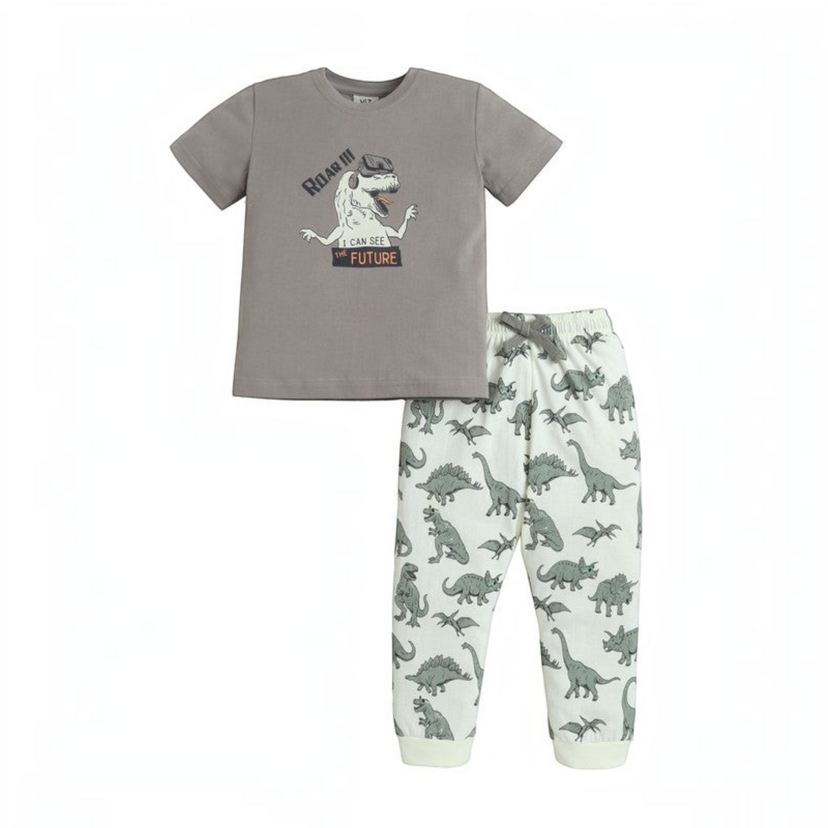 victor and jane boys 2-piece pyjama set with grey graphic t-shirt and white dinosaur print joggers