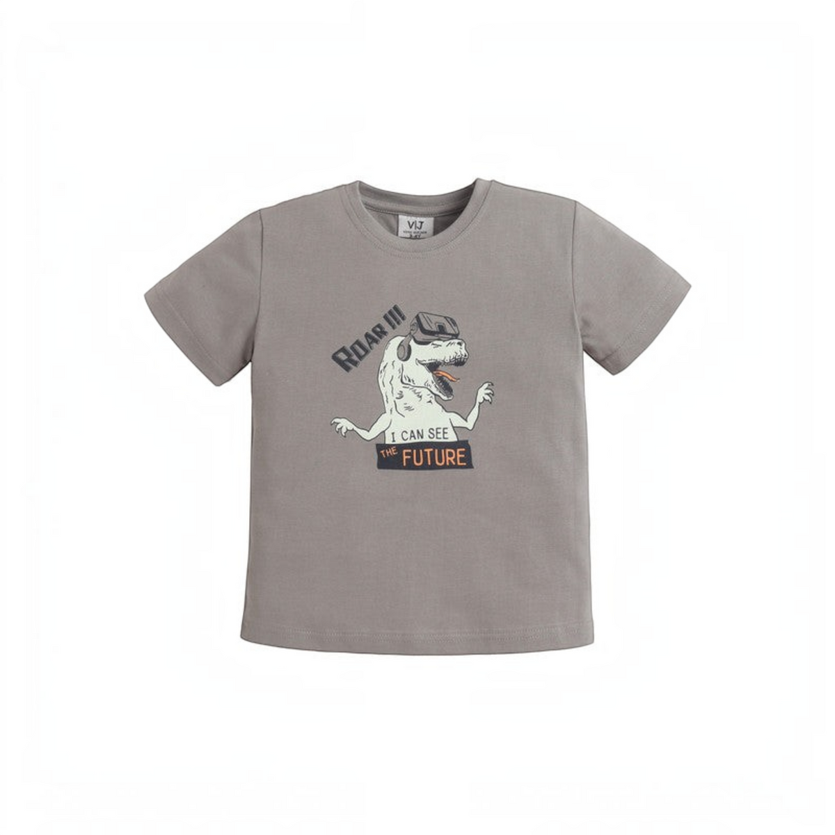 victor and jane boys grey short sleeve pyjama t-shirt with a dinosaur wearing virtual reality goggles graphic