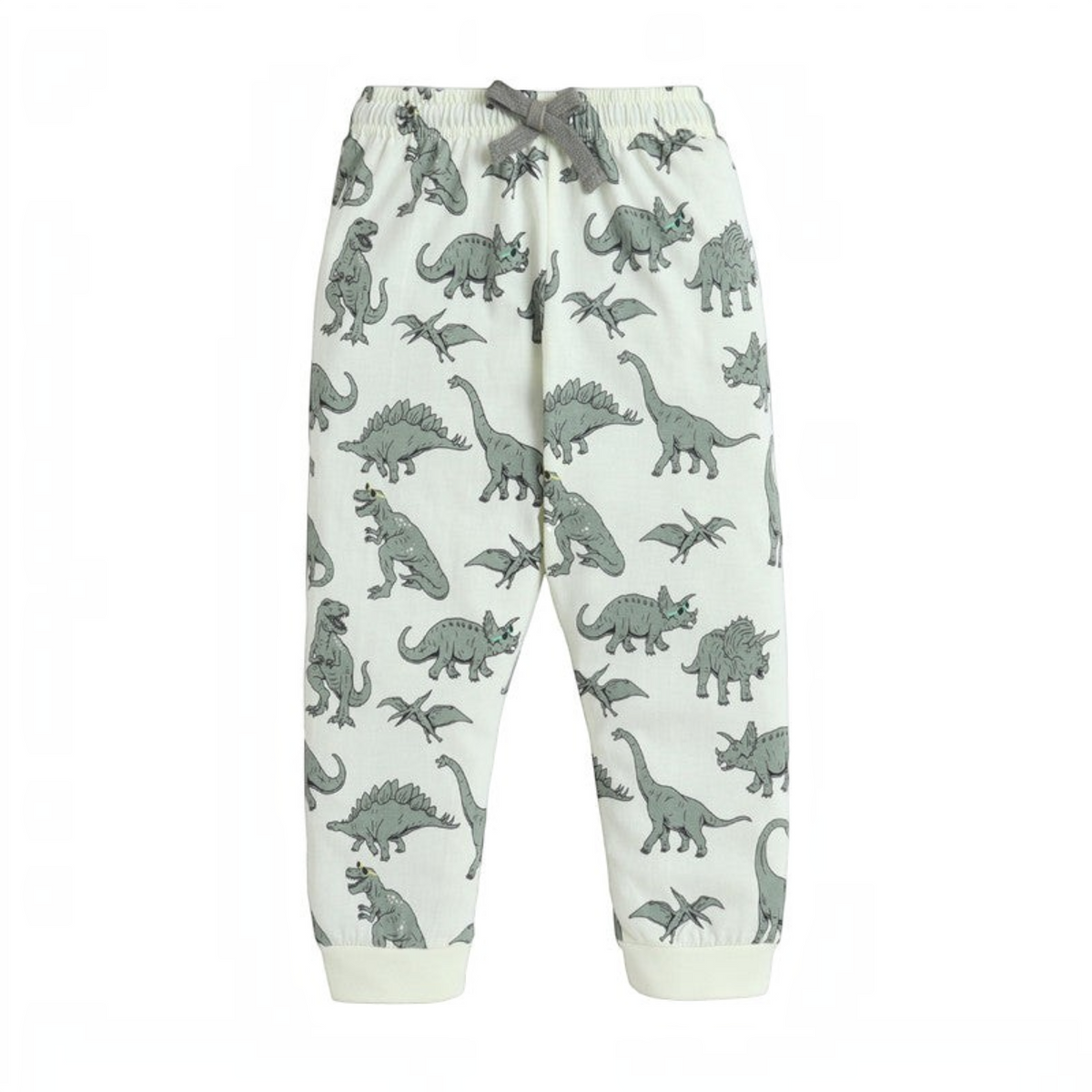 victor and jane boys pyjama bottoms in cream with a grey dinosaur print and an elasticated drawstring waist