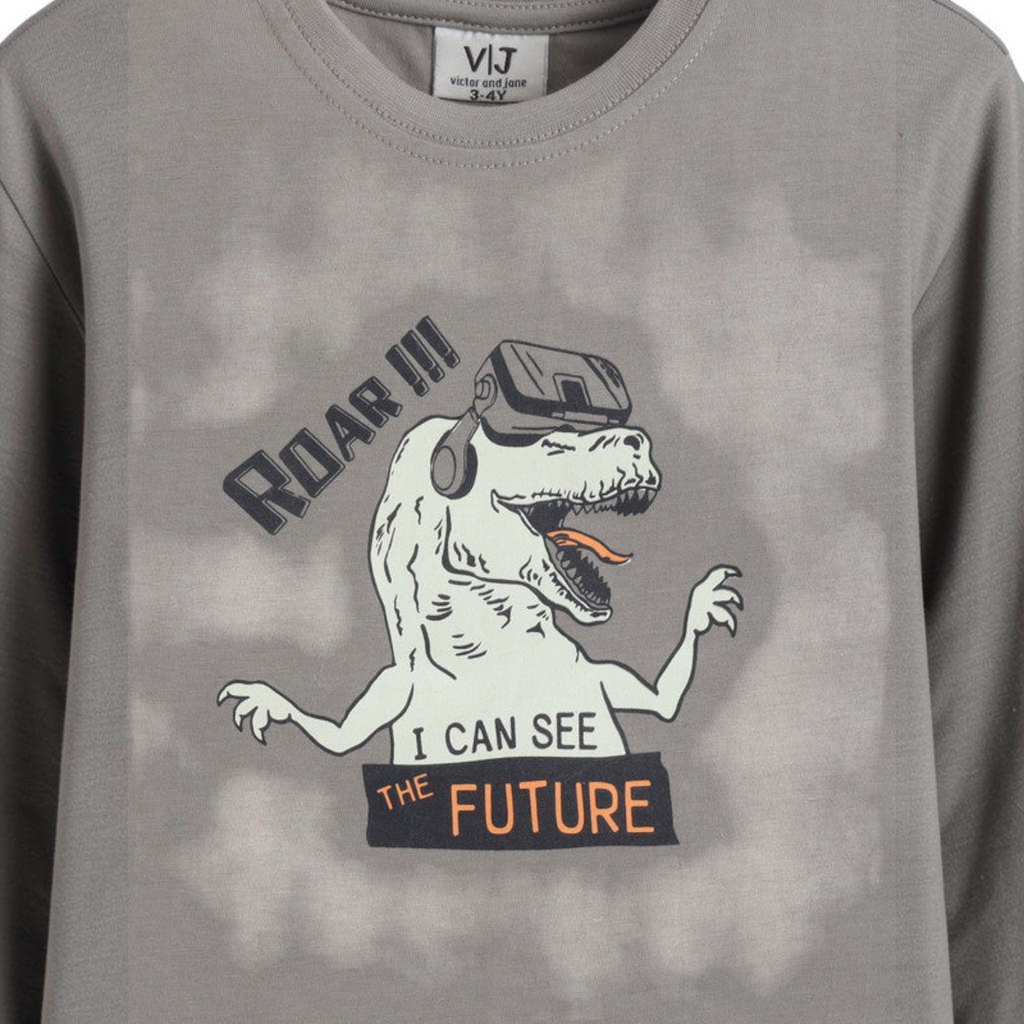 victor and jane boys grey long-sleeve pyjama top featuring a dinosaur wearing VR goggles and ROAR text graphic