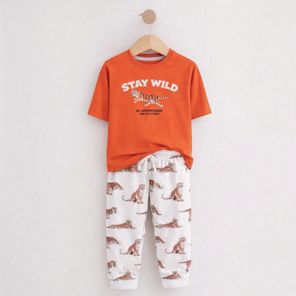 victor and jane boys two-piece pyjama set with orange tiger graphic t-shirt and white tiger print lounge pants