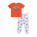 victor and jane boys two-piece pyjama set with orange short-sleeve top and white tiger-print joggers