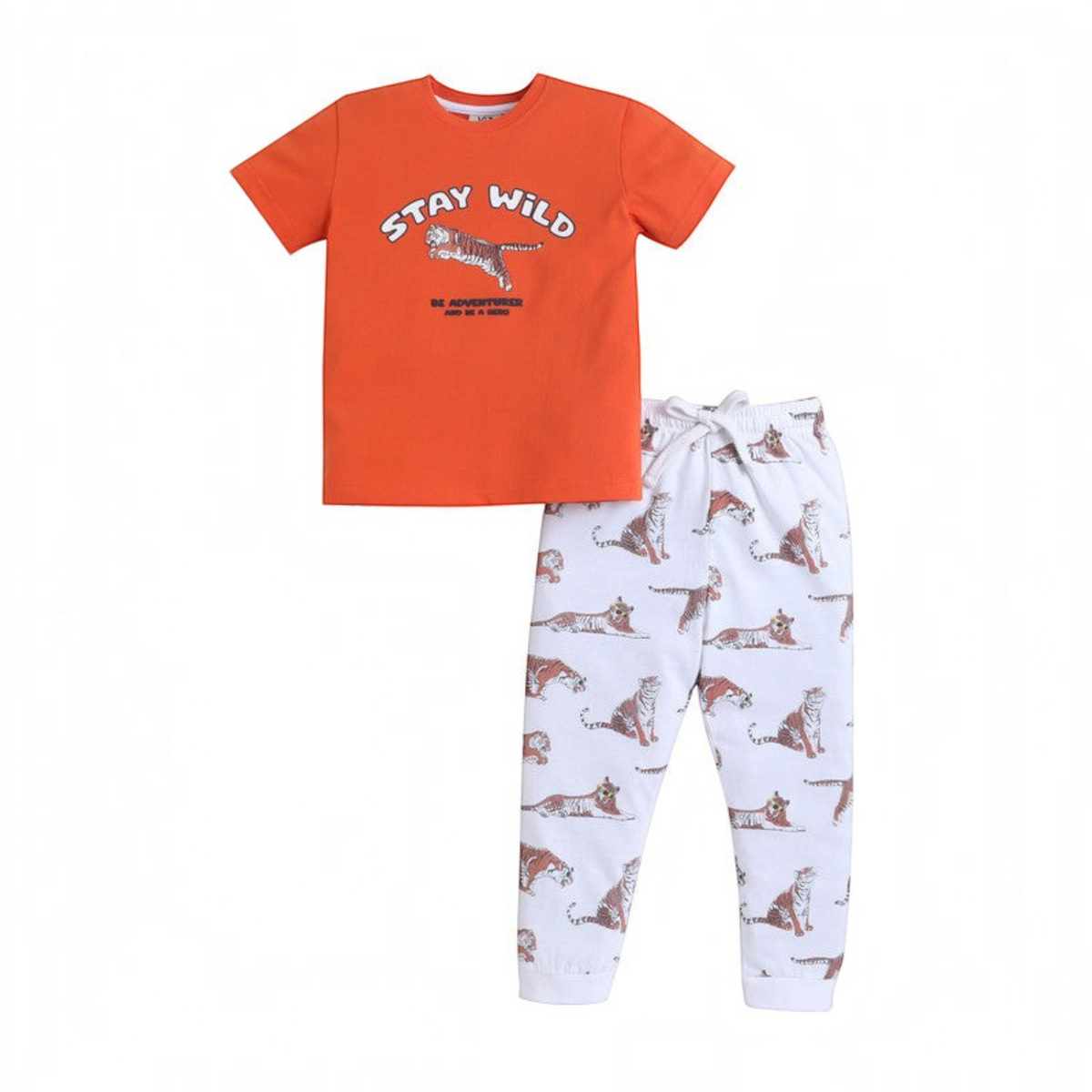 victor and jane boys two-piece pyjama set with orange short-sleeve top and white tiger-print joggers
