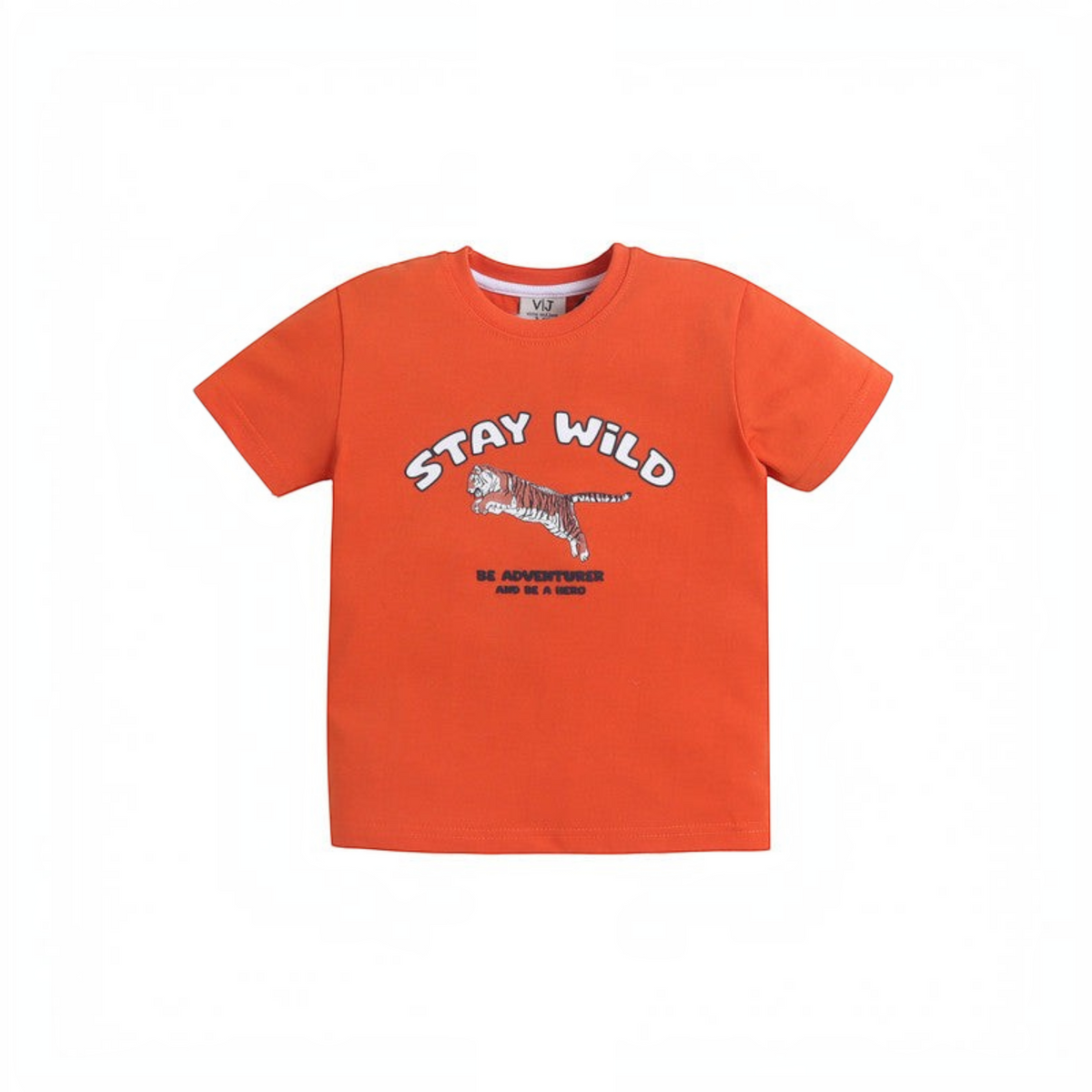 victor and jane boys orange short sleeve pyjama top with tiger graphic and Stay Wild text