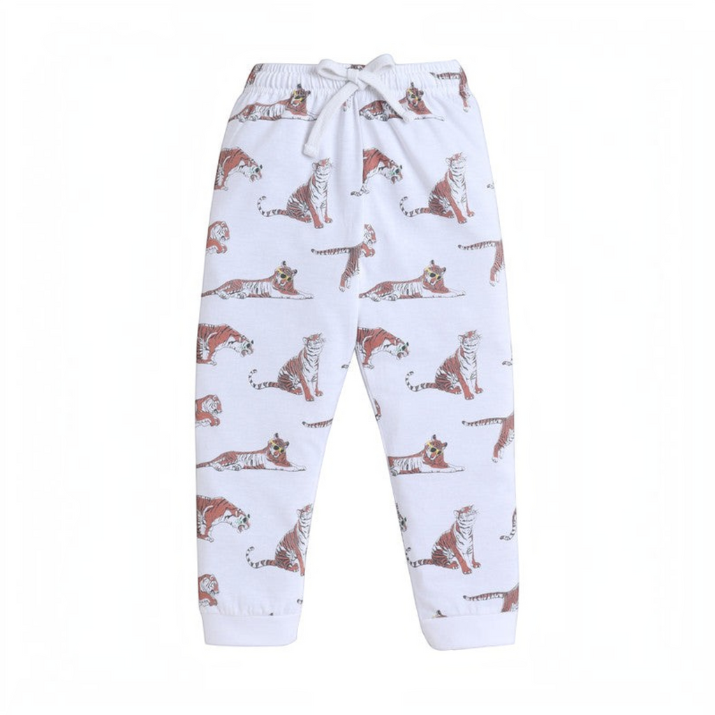 victor and jane boys white pyjama bottoms featuring a playful tiger print with an elasticated drawstring waistband