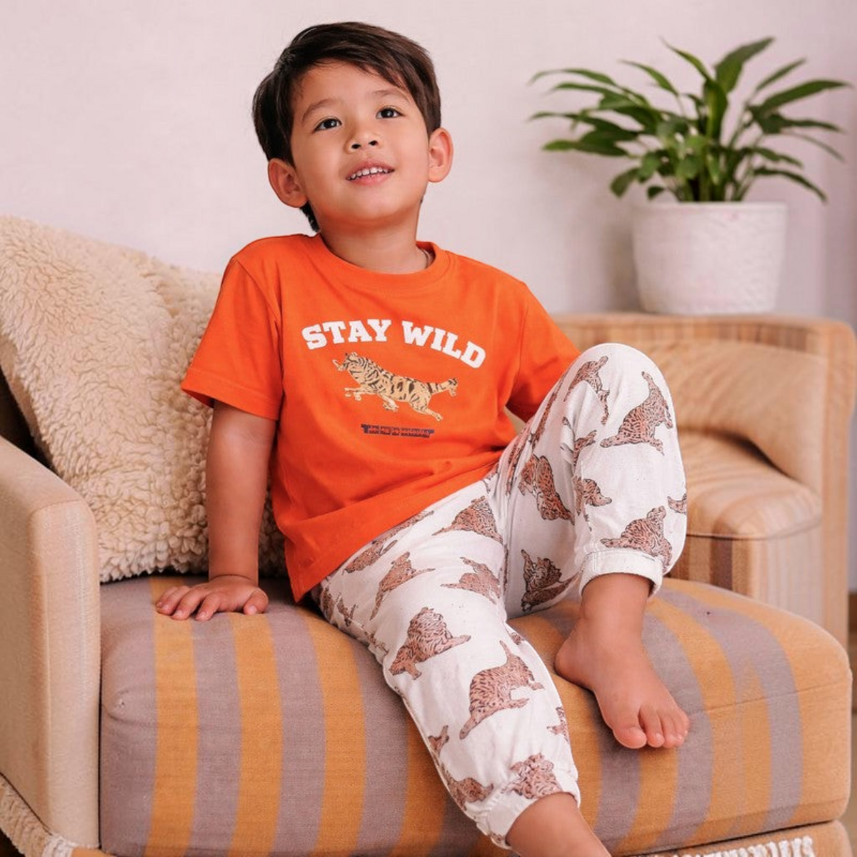 victor and jane boys orange Stay Wild graphic t-shirt and white leopard print pyjama pants set