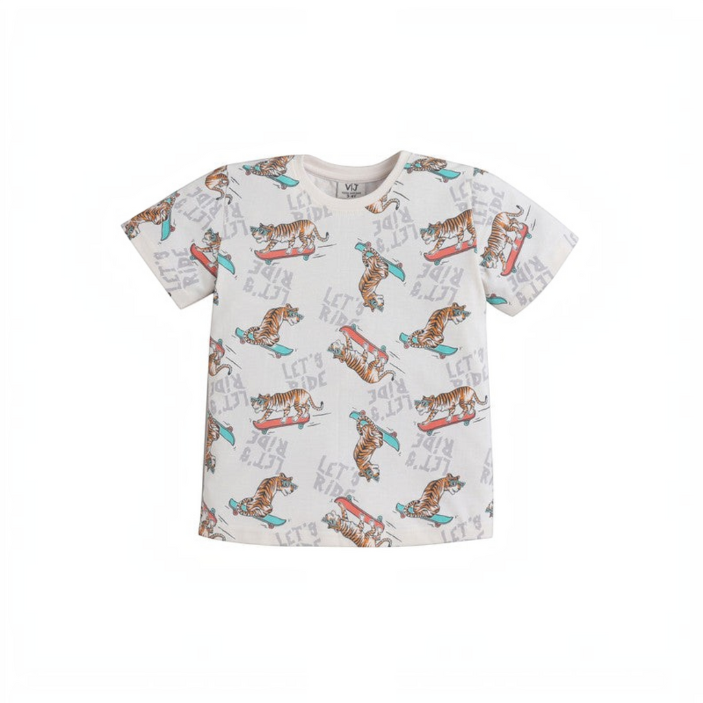victor and jane boys short sleeve pyjama top in cream with a playful tiger skateboarding print
