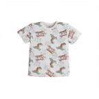 victor and jane boys short sleeve pyjama top in cream with a playful tiger skateboarding print