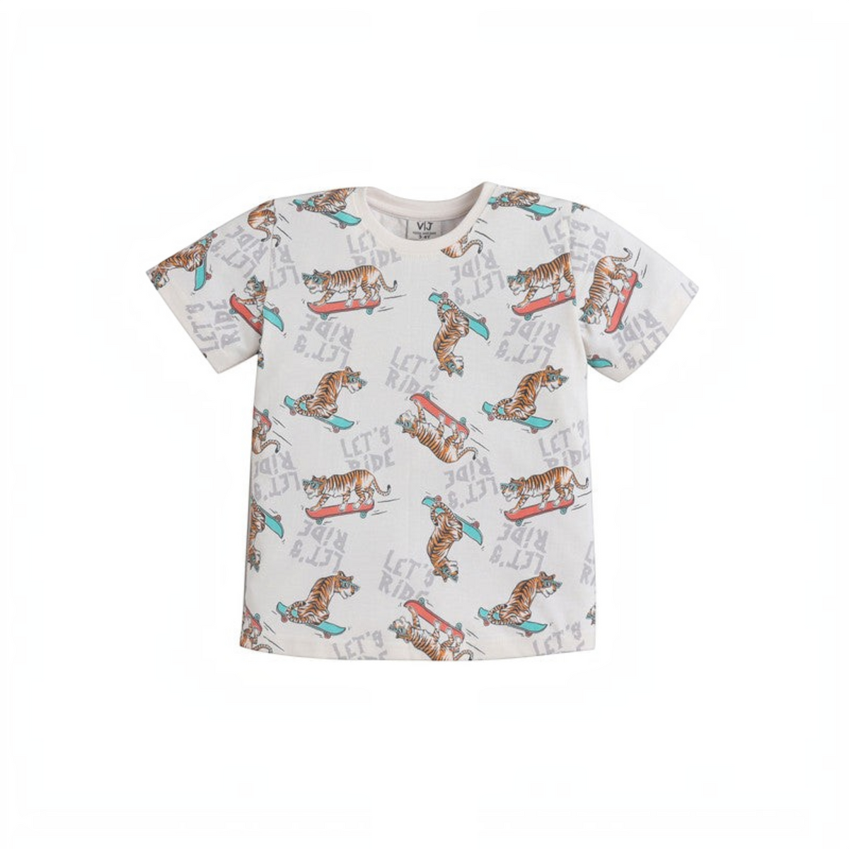 victor and jane boys short sleeve pyjama top in cream with a playful tiger skateboarding print