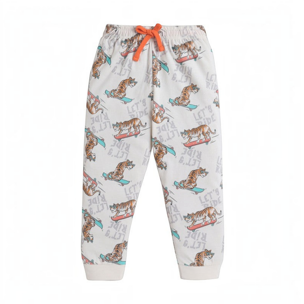 victor and jane boys pyjama bottoms in cream with a tiger on a skateboard print and an orange drawstring waist