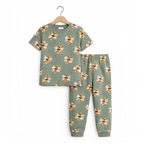 victor and jane boys two-piece pyjama set in sage green with an all-over tiger face print on a wooden hanger