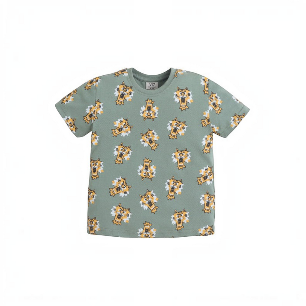 victor and jane boys sage green pyjama t-shirt with a playful orange and white tiger head print pattern