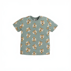 victor and jane boys sage green pyjama t-shirt with a playful orange and white tiger head print pattern