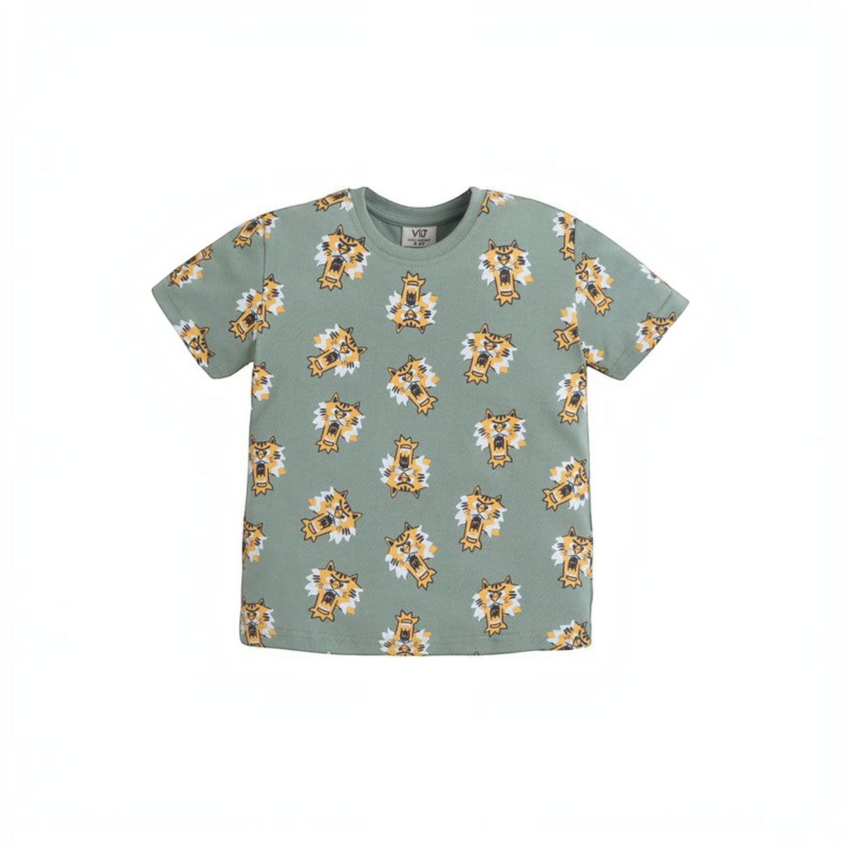 victor and jane boys sage green pyjama t-shirt with a playful orange and white tiger head print pattern
