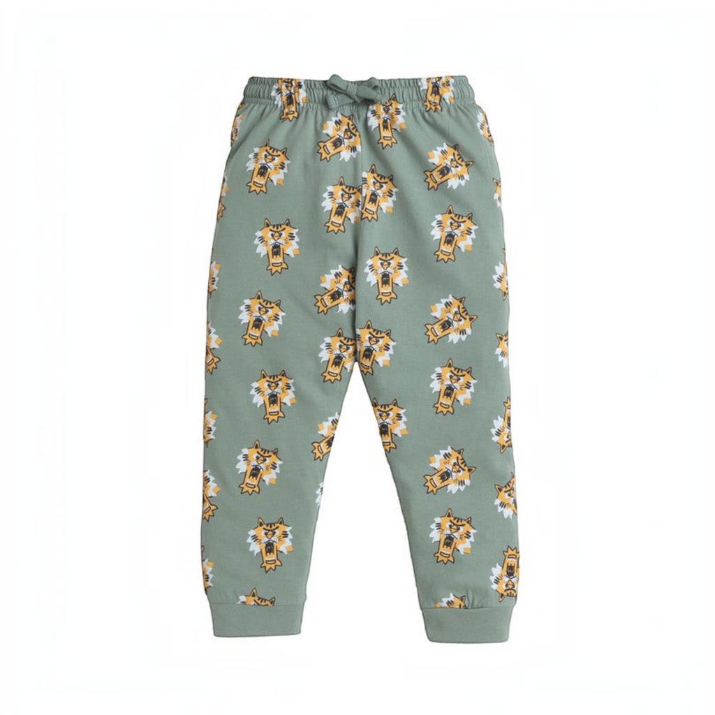 victor and jane boys sage green pyjama bottoms with an all-over tiger print and elasticated drawstring waist