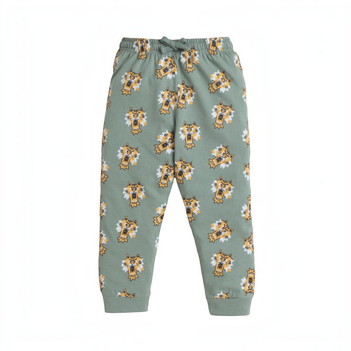 victor and jane boys sage green pyjama bottoms with an all-over tiger print and elasticated drawstring waist