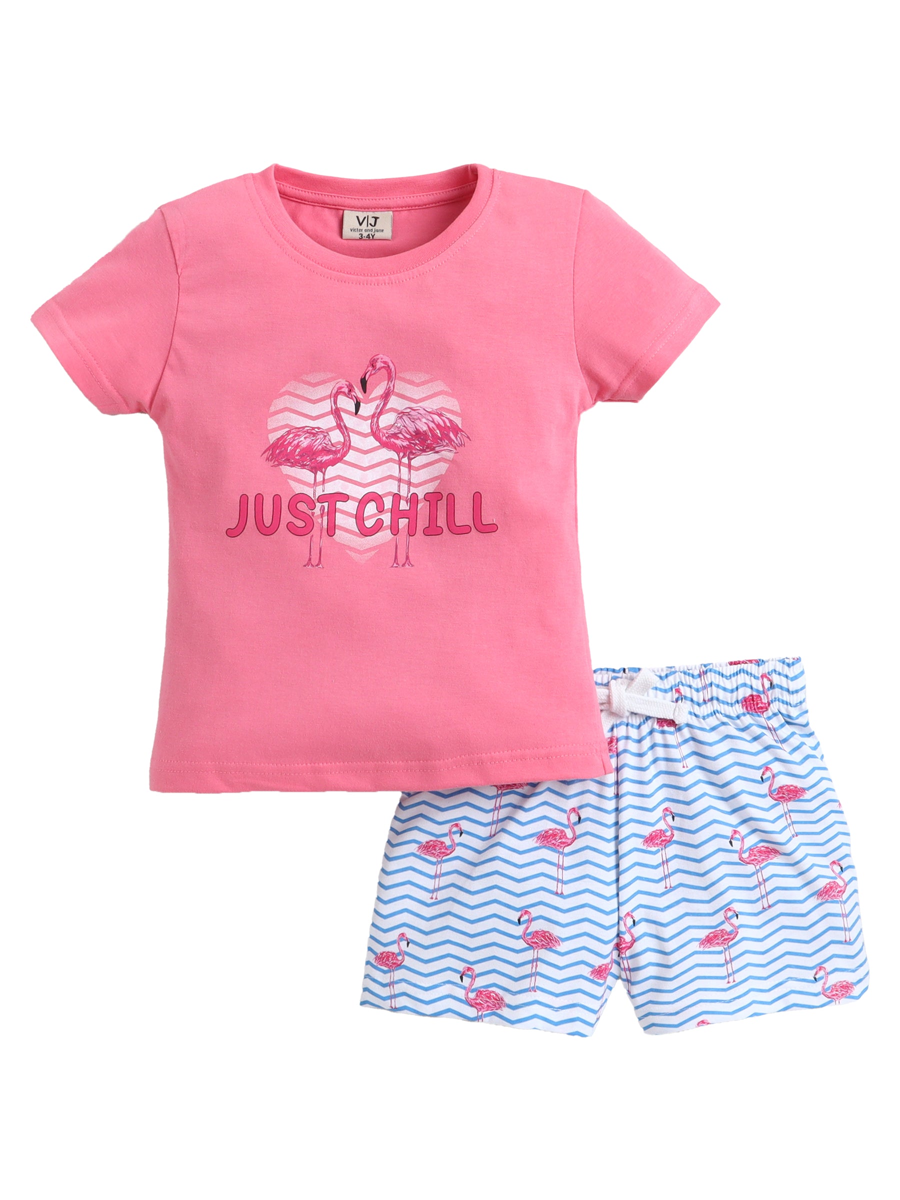 Girls Flamingo Print Cotton Pajama Set “ T-Shirt & Shorts Nightwear