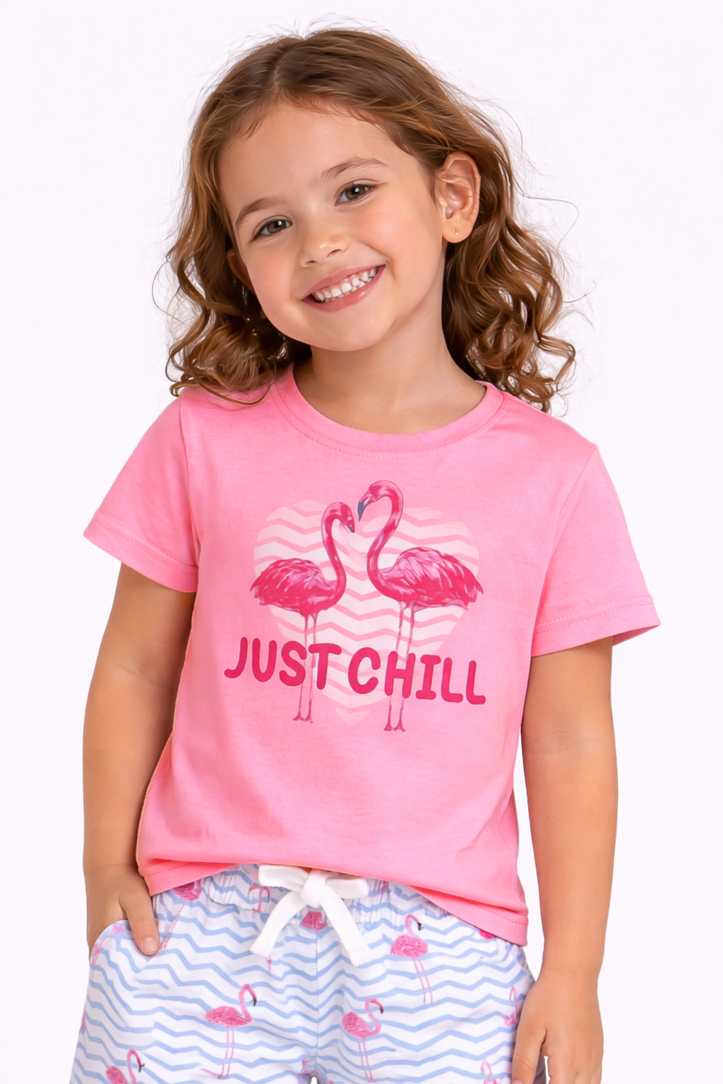 Girls Flamingo Print Cotton Pajama Set “ T-Shirt & Shorts Nightwear