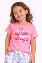 Girls Flamingo Print Cotton Pajama Set “ T-Shirt & Shorts Nightwear