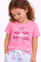 Girls Flamingo Print Cotton Pajama Set “ T-Shirt & Shorts Nightwear