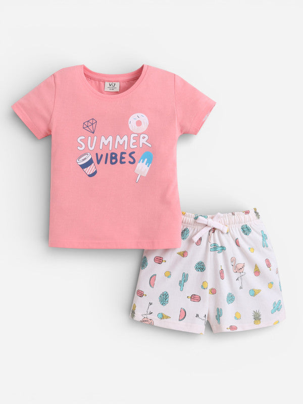 Girls Summer Vibes Print Cotton Pajama Set “ T-Shirt & Shorts Nightwear