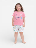 Girls Summer Vibes Print Cotton Pajama Set “ T-Shirt & Shorts Nightwear