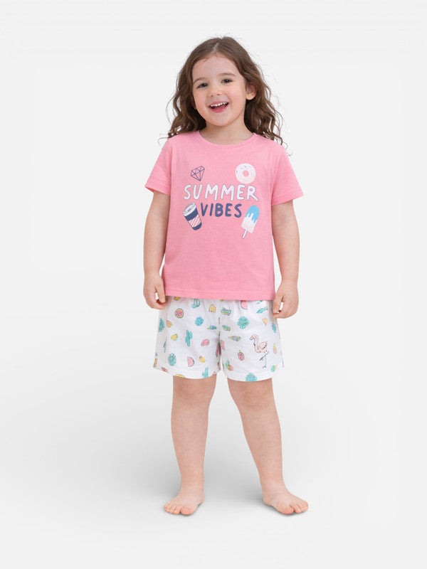 Girls Summer Vibes Print Cotton Pajama Set “ T-Shirt & Shorts Nightwear