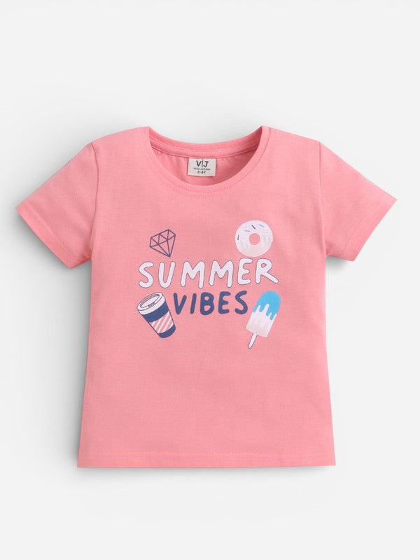 Girls Summer Vibes Print Cotton Pajama Set “ T-Shirt & Shorts Nightwear