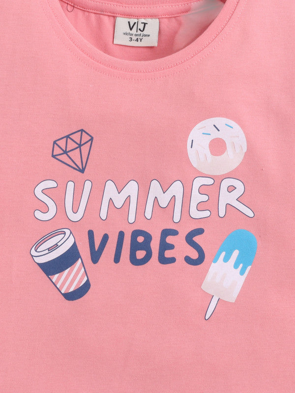 Girls Summer Vibes Print Cotton Pajama Set “ T-Shirt & Shorts Nightwear