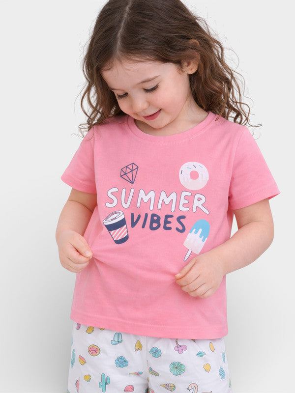 Girls Summer Vibes Print Cotton Pajama Set “ T-Shirt & Shorts Nightwear