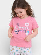 Girls Summer Vibes Print Cotton Pajama Set “ T-Shirt & Shorts Nightwear