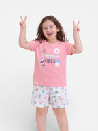 Girls Summer Vibes Print Cotton Pajama Set “ T-Shirt & Shorts Nightwear