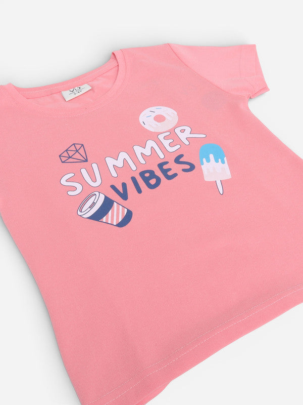 Girls Summer Vibes Print Cotton Pajama Set “ T-Shirt & Shorts Nightwear