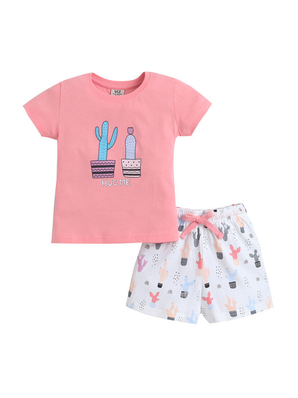 Girls Cactus Print Cotton Pajama Set “ T-Shirt & Shorts Nightwear