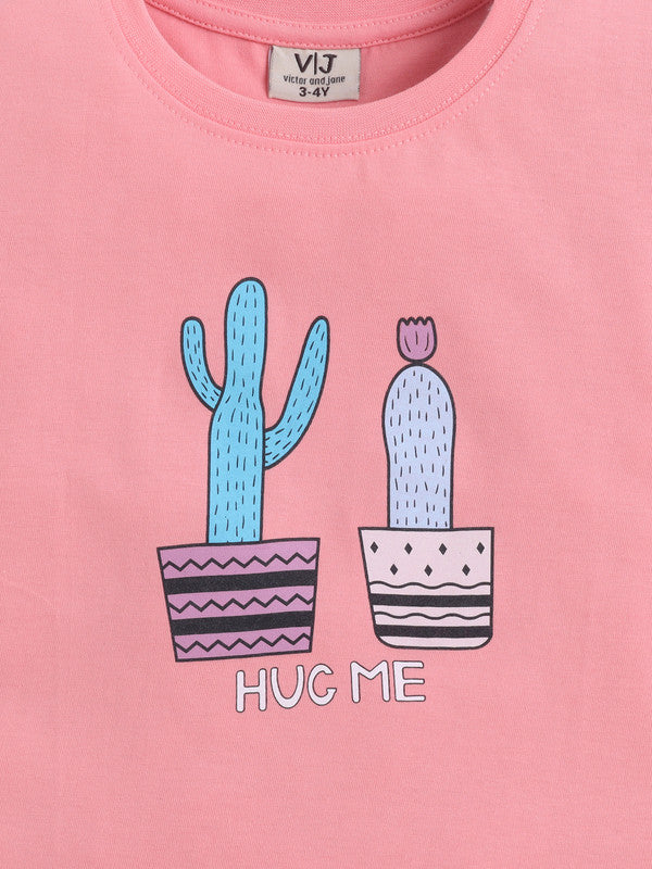 Girls Cactus Print Cotton Pajama Set “ T-Shirt & Shorts Nightwear