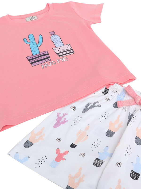 Girls Cactus Print Cotton Pajama Set “ T-Shirt & Shorts Nightwear